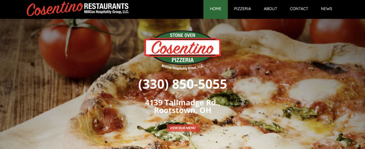 Picture of homepage of Cosentino Pizzeria website