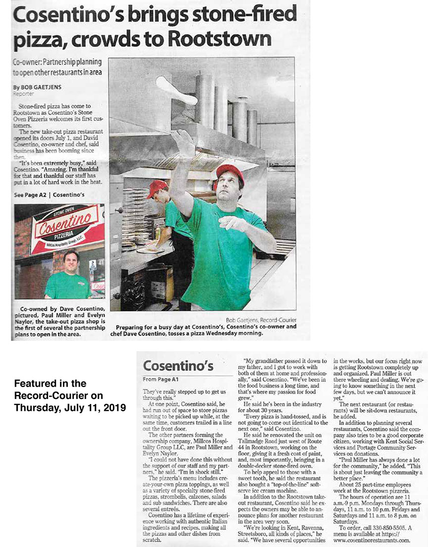 Cosentino Pizzeria was featured in the Record-Courier on July 11, 2019.